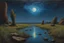 Placeholder: Dark blue sky with one exoplanet in the horizon, rocks, puddle, weeds, sci-fi movies influence, epic, ernest welvaert and emile claus impressionism paintings