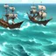Placeholder: Two pirate ships fight each other at sea. Firing cannons.