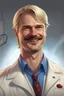 Placeholder: Mid-thirties, Caucasian male doctor, kind smile, blonde hair (slightly disheveled) blonde mustache, pale blue eyes, broad shoulders, muscular, six foot, Hawaiian shirt under white lab coat (with blood stains around the edges) , Strong Jaw line, encroaching shadowy tendrils, photo realistic, fantasy