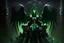 Placeholder: armadura negra y verde con alas de angel sentada en un trono enorme en la noche