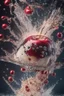 Placeholder: Explosion, splash, cherry is falling into the water, close up, water is splashing radially, centered, perfect composition, vogue style, Creative food photography, softbox, trending on art station, sharp focus, studio photo, intricate details, highly detailed, by Greg Rutkowski, fashion magazine cover