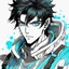 Placeholder: An handsome male alien with messy black hair and blue eyes, colored manga style