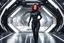 Placeholder: photorealistic slim woman looking like black widow with white boots in a heroic pose at the entrance to a spaceship