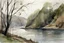 Placeholder: River scene by grey cliffs and trees in wet watercolour