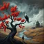 Placeholder: create a cinematic acrylic painting of a gnarled autumn tree blooming with red warning-like flowers, icy-necked vulture perched on a dark limb, grey lightning-filled sky, broken buildings and skeletal structures on the horizon, dry river snaking through the earth, lone silhouette walking away, dark and moody with high visual contrast --v 7 --ar 16:9