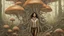 Placeholder: woman with black hair, in light brown leather trousers and jacket, walking through a forest of Alien mushrooms with jellyfish tentacles, photorealistic, Deep Colour, Intricate Detail, Keith Parkinson