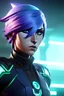 Placeholder: Futuristic female soldier, physically fit, green hair, blue eyes, intricate eyeliner, vibrant eyeshadow, clear completion, soft lighting, 4k resolution, intricate details, insanely detailed, colorful cityscape background, masterpiece, expert, cinematic smooth, retroanime style, realistic details, no helmet