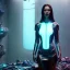 Placeholder: Pretty ciborg woman, portrait, white and gold dress, studio scene, blue light, red lights, hoodie, feathers, cyberpunk style, leather, vibrant color, highly detailed, art stations, concept art, smooth, unreal engine 5, god rays, ray tracing, RTX, lumen lighting, ultra detail, volumetric lighting, 3d, finely drawn, high definition, high resolution, neon background.