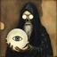 Placeholder: Blind gnostic seer with milky white blank eyes, holding a glass globe with an eye in it, Ted McKeever style, by Zdzislaw Beksinski, ink wash oil painting that appears ancient with corrupted sections and water damage, dark shine, by Victor pasmore