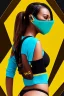 Placeholder: Realistic photograph. Geometric 3D tiling on the background, woman full-covered face mask. Bronze color Yellow Black Cyan. AKG headphones, golden rings & disc. Selfie both hands. Lightly armored, electronic circuit. Cyber-punk full-mask. Thick tights. Thick calves. Curved fell. Wide hip. Flat belly. Ancient artifact cables between. Perfect, Tron Movie. Lay figure. Haute Couture 1990's. Light from right