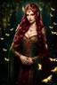 Placeholder: Burgundy hair, dark hair,dark red , rapunzel hair,very long hair,dark fairy princess,elven crown,night,dragonflies,beautiful,ong ashes,golden armor ,sparkle,night blooming,ivy,dark green,lilly of valley,golden elven crown,elven warrior,dark gold armor,extremely long hair