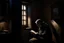 Placeholder: room in dark only light acroos a window, in the interior a old man reading a book