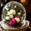 Placeholder: Cinematic shot of peonies inside a crystal lattice globe, glass, crystal, linen, dewdrops, warm lighting, luxurious, terrarium