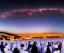 Placeholder: 100,000,000 christians, men, women,and children, WORSHIPPING, dressed in white, beam of light coming from square Temple in center, Jerusalem, hills and valley in background, dusk, andromeda GALAXY IN SKY