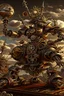 Placeholder: steampunk warrior robot with a big, complicated and detailed mechanical sword fighting in a battlefield with steampunk ships and planes in the background. Masterpiece, hyper detailed, details, battlefield, dramatic, dramatic lighting