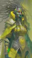 Placeholder: A woman has tanned skin, yellow eyes and black dreads. Her face show her superiority in the eyes of others. She is dressed in an armor with a few pieces of yellow and green cloak sticking out.