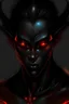 Placeholder: dark silky pitch black-skinned demon man of perfection and pride, pointy ears, hell fire eyes