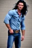 Placeholder: A very muscular man with long black hair, blue eyes, wearing a cowboy shirt and blue jeans