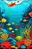 Placeholder: Vista del fondo del mar, con volcanes en el fondo del mar, peces de colores rojos, amarillos, negros, tiburones, corales, estrellas y caballitos de mar, el agua en diferentes tonos de azules y verdes