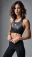 Placeholder: photography of a beautiful anorexic woman, anthracite satin triathlon top, sports illustrated, brunette short wavy bob haircut, pronounced sternum, flat chest, anthracite short leggins