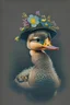 Placeholder: A cute image of a duck with a flower hat design print on demand , black background .