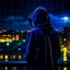 Placeholder: girl in a raincoat, viewed from behind, watching the empty city, at midnight, very dark colours, rainy, atmospheric, photo quality