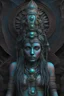 Placeholder: Parvati goddess, psychedelic Indian, 3D, dark color scheme and little bit of turquoise, in the style of Paulo Serpireri and HR Giger