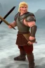 Placeholder: strong medieval men warrior with blond short hair, blue eyes and wide warm smile with an axe with green and brown clothes