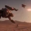 Placeholder: Armored Core machine robot fights another Armored Core fly in the sky in the desert with the ocean where you can see the space in the sky with the twilight on the horizon, 4k resolution