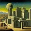 Placeholder: art by "Giorgio de Chirico", painting, landscape , Feigned The Palace Beyond Good and Evil, at Dawn, Illustration, Hopeless, 70s Science Fiction, Provia, overly complex style