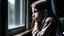 Placeholder: An 11-year-old girl looks out of a window inside the classroom, her hand is not visible, her skin is not white