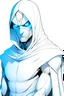 Placeholder: Male Anti-Hero dressed in a white superhero suit with a white cowl covering his face. Thin and lean build with a seductive look. His eyes are a beautiful shade of blue. A DC comic book style.