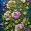 Placeholder: Beautiful alcohol ink tiny, minute, very intricate, sweet peas wallpaper with teddy bears peeping around the flowers design with gold and brass metal edging and crystalline,silver skeletal leaves, multidimensional in 3D, impasto, multimedia style, 16k pastel shades of salmon, yellow and mother of pearl. A small number 30 and the words Happy Birthday.