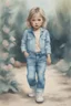 Placeholder: Illustration of kate moss as a toddler, jeans, in the yard , ,style of Marcel Marlier, pastel colors