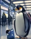 Placeholder: A penguin with a backpack and a boarding pass in the airport