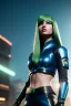Placeholder: Futuristic female soldier, physically fit, green hair, blue eyes, intricate eyeliner, vibrant eyeshadow, clear completion, soft lighting, 4k resolution, intricate details, insanely detailed, colorful cityscape background, masterpiece, expert, cinematic smooth, retroanime style, realistic details, no helmet