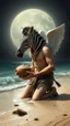 Placeholder: Charon on his knees on the shore holding coconut wearing crying angel zebra holding his head