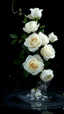 Placeholder: The image is a digital artwork that depicts a branch of tree of white roses tangling in to a water in vase with aThe rose floats on the surface of the water, creating a wave-like effect. The background is black, which makes a branch of a tree of white roses stand out even more. Water droplets are scattered adding to the dreamy, ethereal quality of the image. The a