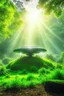 Placeholder: camo ufo on stone pillars in the middle of brazilian jungle, terror from the deep creatures, crashlanding, depth of field, light rays, mist