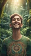 Placeholder: portrait of a happy blissed person woven into a sacred geometry knitted tapestry wall in the middle of lush magic jungle forest, bokeh like f/0.8, tilt-shift lens 8k, high detail, smooth render, down-light, unreal engine, prize winning