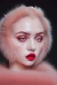 Placeholder: Minimalistic portrait of a beautiful woman with red lips and cold big eyes wearing earrings, a light pink fur coat in a haute couture style isolated on a dark background, cinematic lighting, ultra-realistic, shot in the style of hasselblad