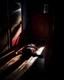Placeholder: In a dark room, a shadow behind a light streams in through an open door symbolizing new possibilities, hope, and overcoming problems.a man is laying down dead with his face is bloody