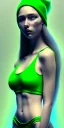 Placeholder: girl, sexy, beautiful, long hair, wavy hair, green hair, blue eyes, green beanie, green swim suit,big boobs, black tee shirt,full body portrait, 8k resolution concept art portrait by Greg Rutkowski, Artgerm, WLOP, Alphonse Mucha dynamic lighting hyperdetailed intricately detailed