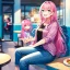 Placeholder: girl, masterpiece, best quality, cinematic lighting, detailed outfit, perfect eyes, long hair, pink hair, blue eyes, laughing, at restaurant, food, detailed background, wide view, god rays, sitting down, casual clothes,