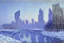 Placeholder: cyberpunk buildings near the frozen lake, winter, tendency to science fiction, realistic vision, claude monet painting