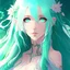 Placeholder: a pastel fantasy image of a woman in an anime style, the woman has green hair and her eyes are blue, she has long hair and she is beautiful
