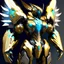 Placeholder: Android concept , realistic, golden and cyan ratio, symmetric, gundam, mecha, transformer, metallic shiny armour , curcuits, leds, weapons on forearms, intricately detailed, ray tracing, octane render, armored core, catalyst, katana, glowing, single eye, weapons on shoulders, winged