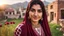 Placeholder: A photographic close shot of a beautiful a young Pakistani pashto woman (age 25 with beautiful black hair & pretty eyes) in a beautiful traditional maroon & white checkered dress with maroon dupatta happily standing outside beautifully decorated village houses made bricks with long grass & little colorful flowers & waterfall from mountains far behind her at beautiful cloudy sunset with sun-rays on her face showing cinematic & dramatic ambiance.