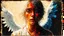 Placeholder: old worn postcard, Portrait Light and darkness in one person, angel and demon in one person, abstract art additional colors small details,