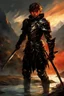 Placeholder: A formidable young warrior boy in black armor, on the background Amazing gloomy landscape, flooded with sunset, mountains, trees, fabulous scary hero, , juicy emotions, painting, dark fantasy, bad weather, gloomy day, dark world, by Raymond Swanland & Alyssa Monks & Anna Razumovskaya & James Paick